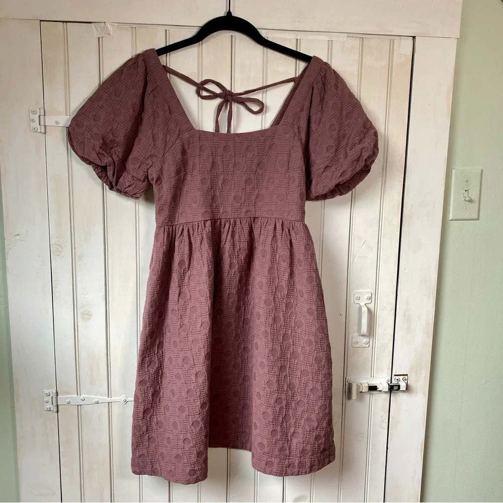 Madewell Quilted Puff-Sleeve Mini Babydoll Dress Dusty Purple Fig Pockets XS NWT - Picture 1 of 12
